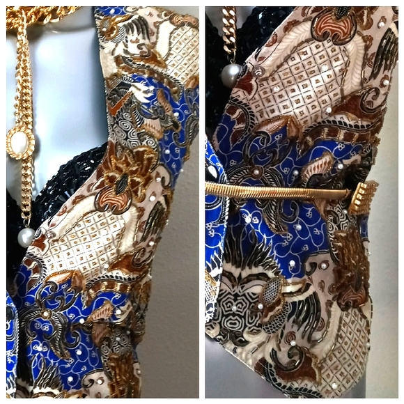 "WESTERN TRIBAL" Vintage "ART to WEAR" Ethnic Beaded Graphics Snap Buttons Vest - Picture 7 of 13